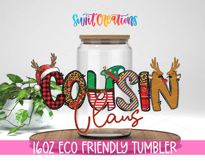 Cousin Claus design on a 16 oz clear glass tumbler with bamboo lid