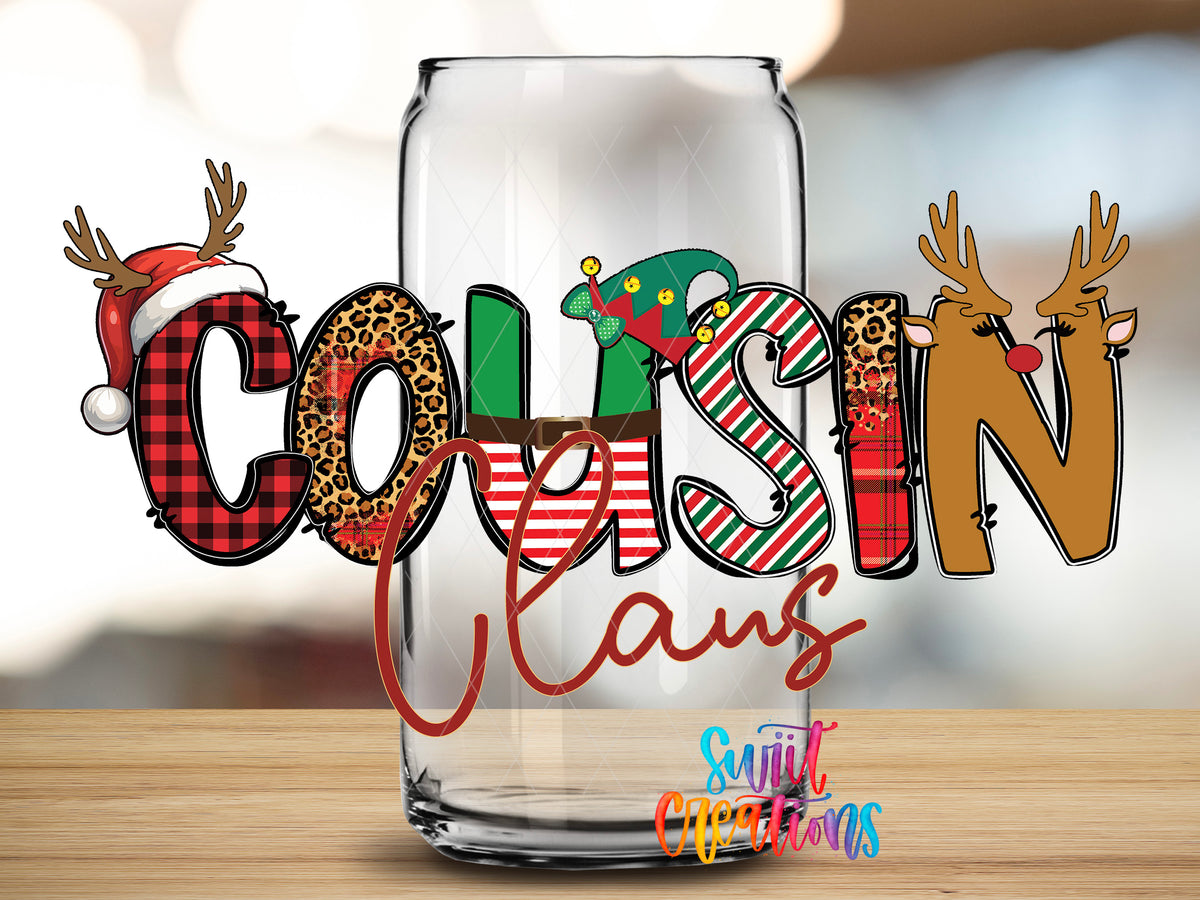 Cousin Claus design close-up on a clear glass can tumbler
