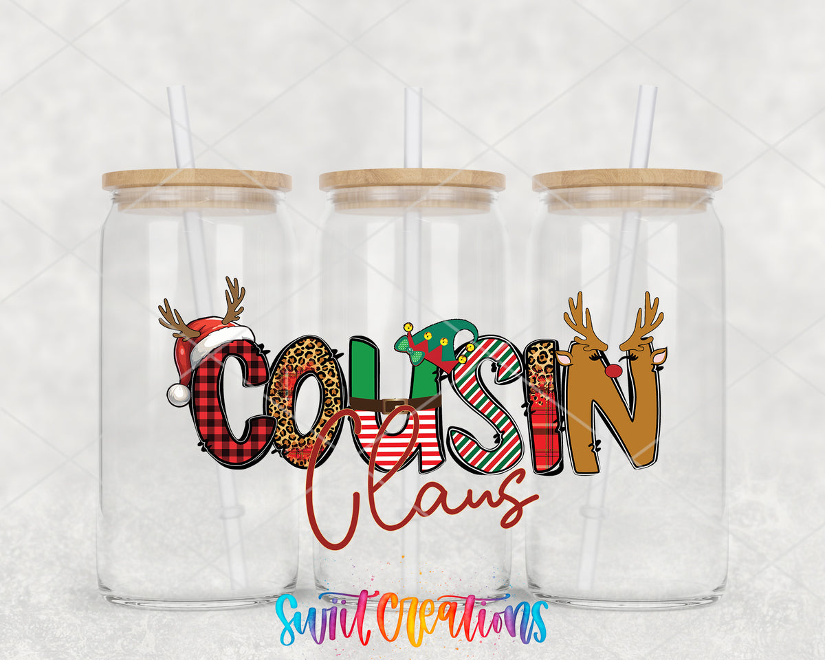 Cousin Claus clear glass tumbler group mockup with bamboo lids and straws