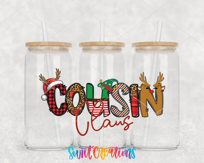 Cousin Claus clear glass tumbler group mockup with bamboo lids and straws