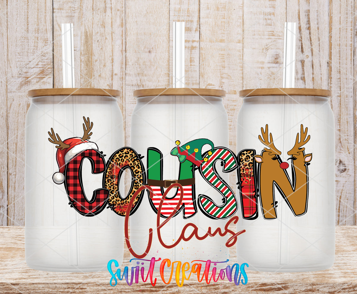 Cousin Claus frosted glass tumbler mockup with bamboo lids and straws