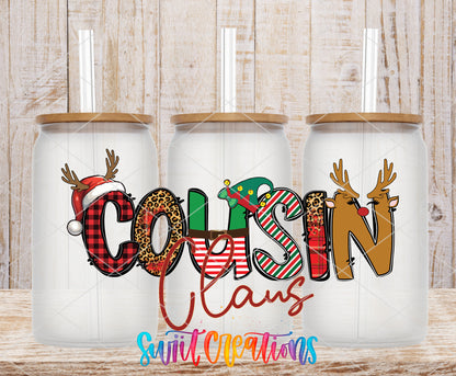 Cousin Claus frosted glass tumbler mockup with bamboo lids and straws