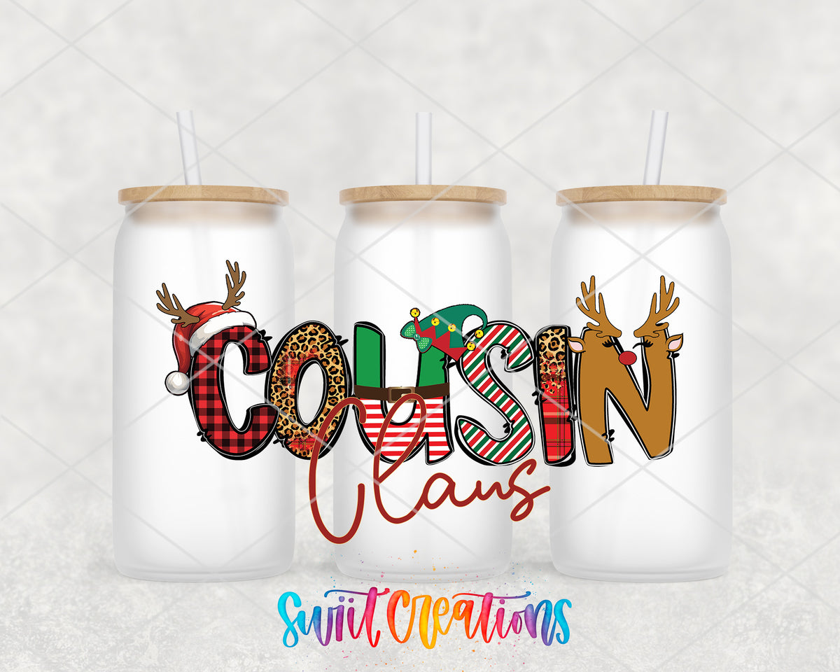 Cousin Claus frosted glass tumbler group view with lids and straws