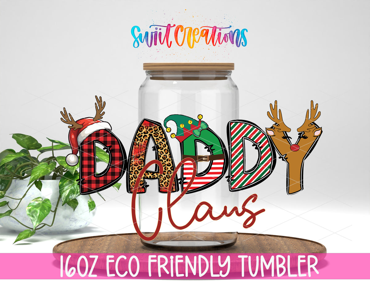 Daddy Claus design on a 16 oz clear glass tumbler with bamboo lid