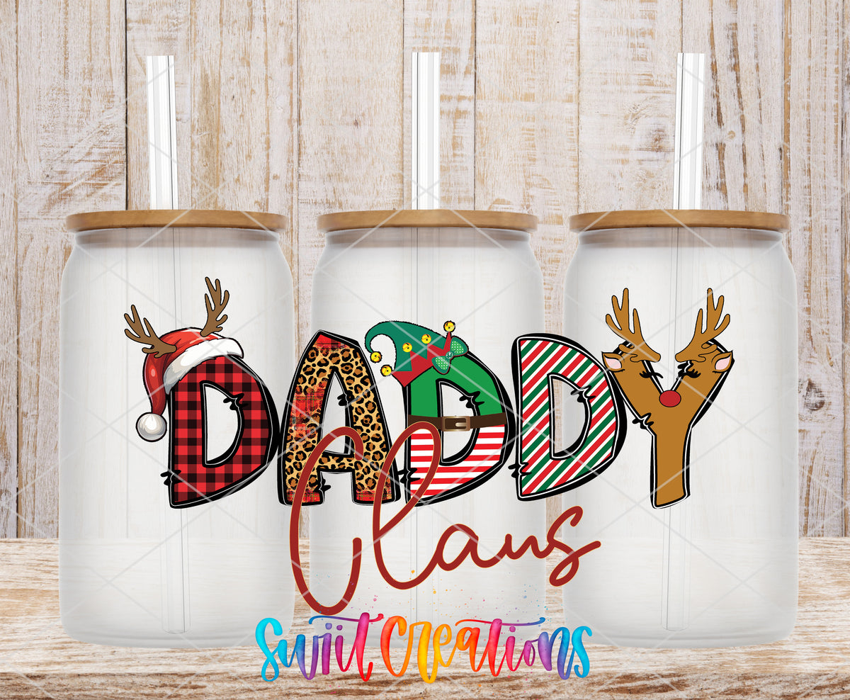Daddy Claus frosted glass tumbler mockup with bamboo lids and straws
