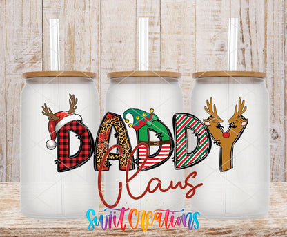 Daddy Claus frosted glass tumbler mockup with bamboo lids and straws