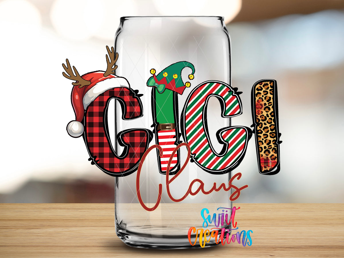 Gigi Claus design close-up on a clear glass can tumbler