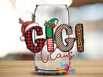 Gigi Claus design close-up on a clear glass can tumbler