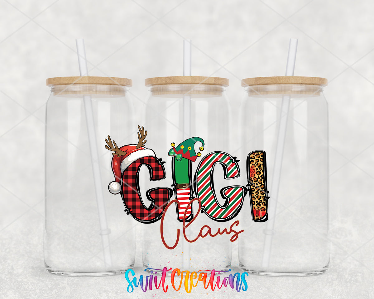 Gigi Claus clear glass tumbler group mockup with bamboo lids and straws