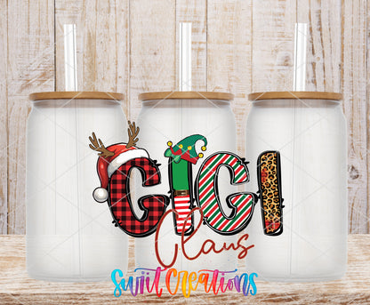 Gigi Claus frosted glass tumbler mockup with bamboo lids and straws