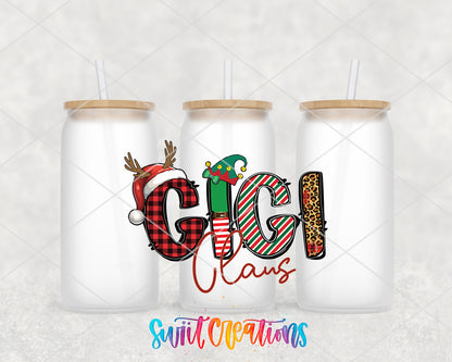 Gigi Claus frosted glass tumbler group view with lids and straws