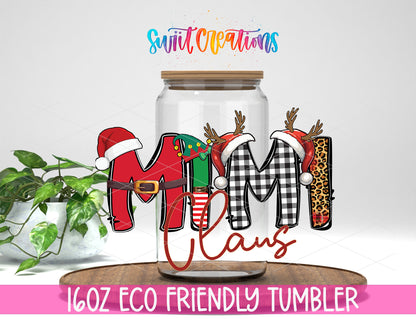 Mimi Claus design on a 16 oz clear glass tumbler with bamboo lid