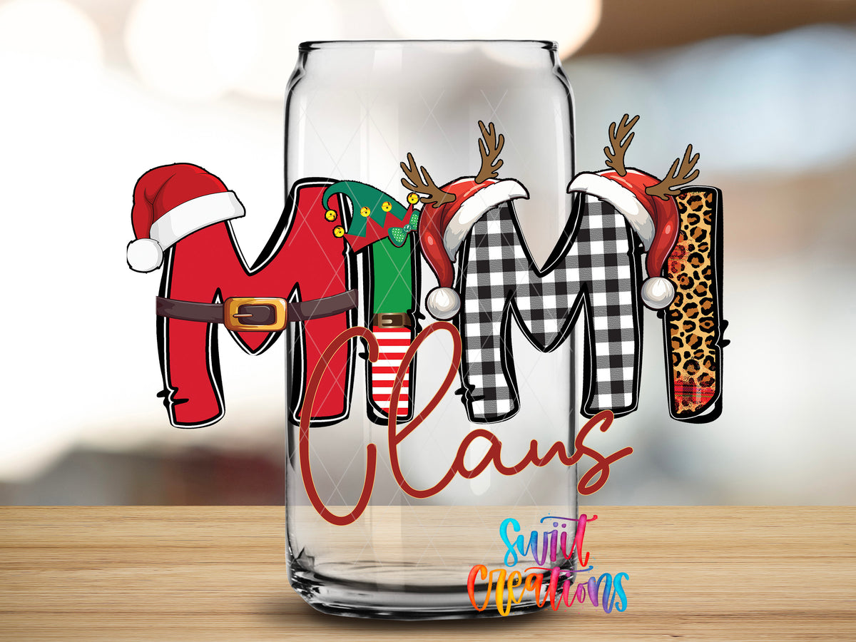 Mimi Claus design close-up on a clear glass can tumbler