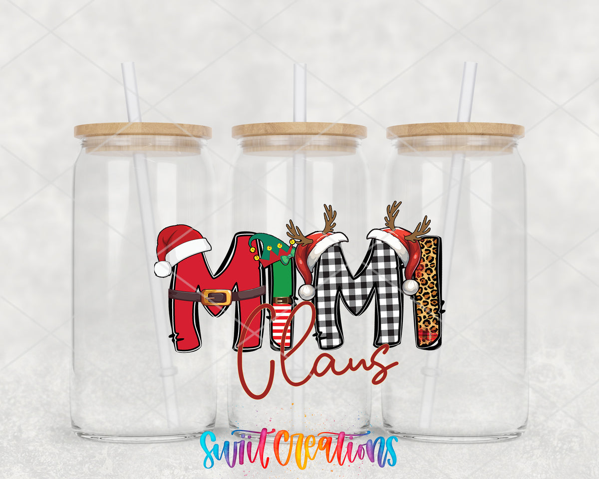 Mimi Claus clear glass tumbler group mockup with bamboo lids and straws