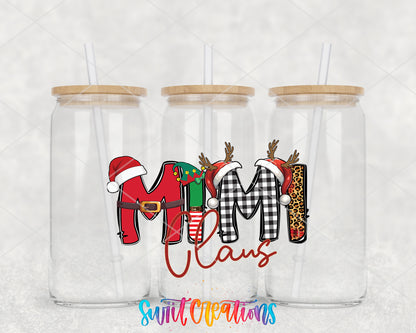 Mimi Claus clear glass tumbler group mockup with bamboo lids and straws