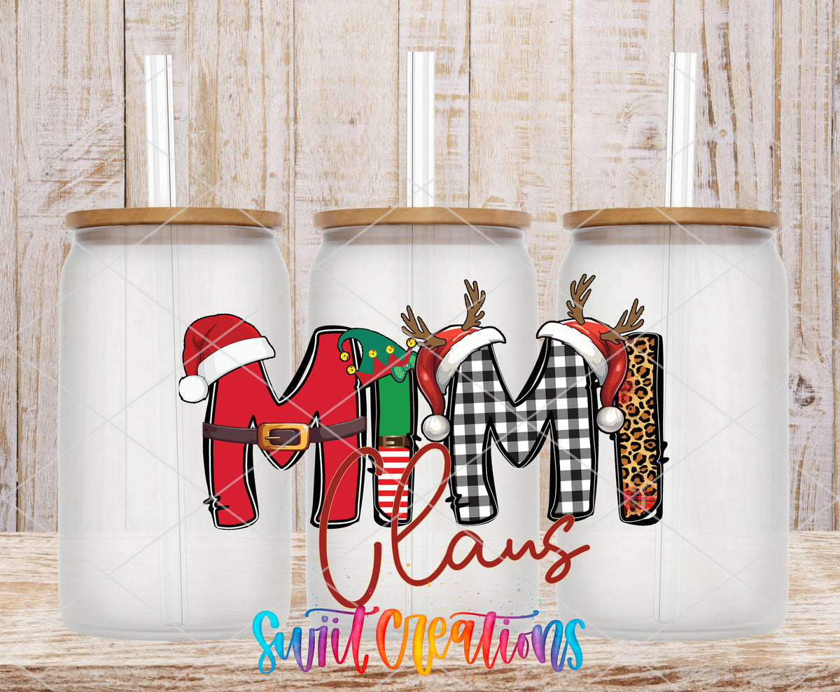 Mimi Claus frosted glass tumbler mockup with bamboo lids and straws