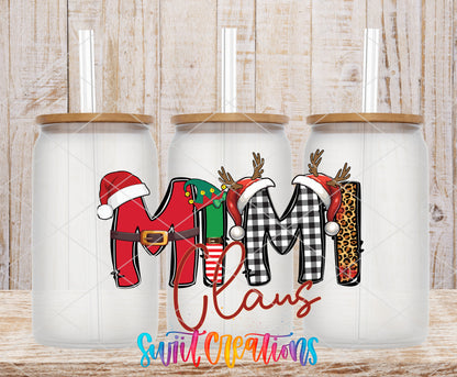 Mimi Claus frosted glass tumbler mockup with bamboo lids and straws