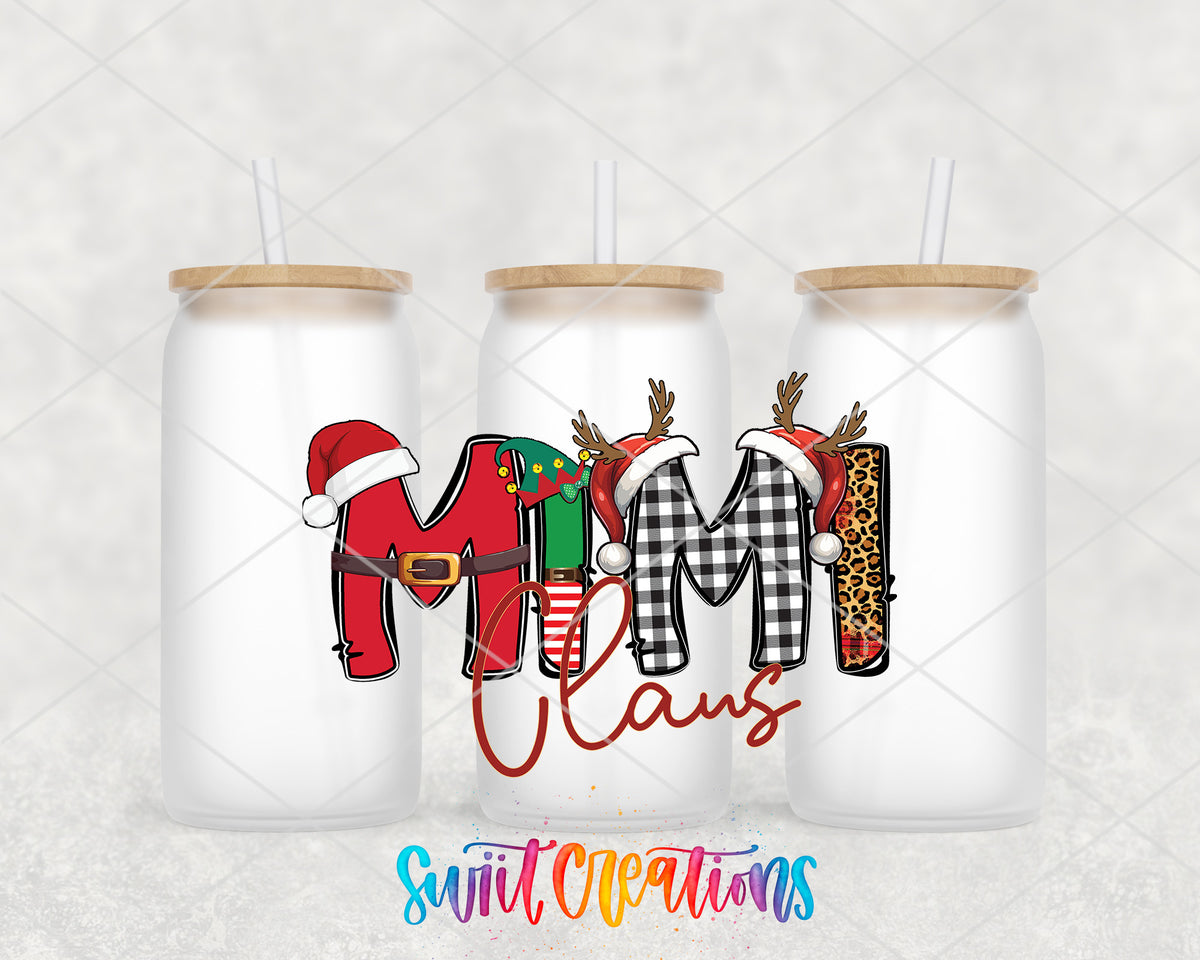 Mimi Claus frosted glass tumbler group view with lids and straws
