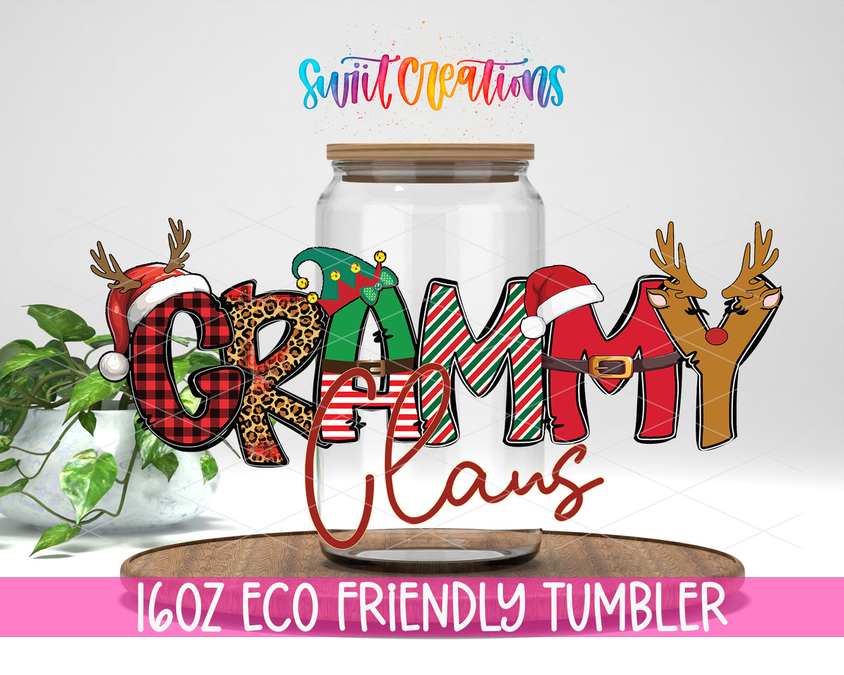 Grammy Claus design on a 16 oz clear glass tumbler with bamboo lid