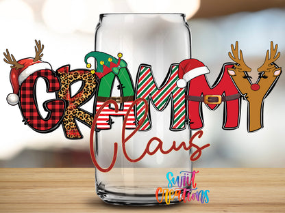 Grammy Claus design close-up on a clear glass can tumbler