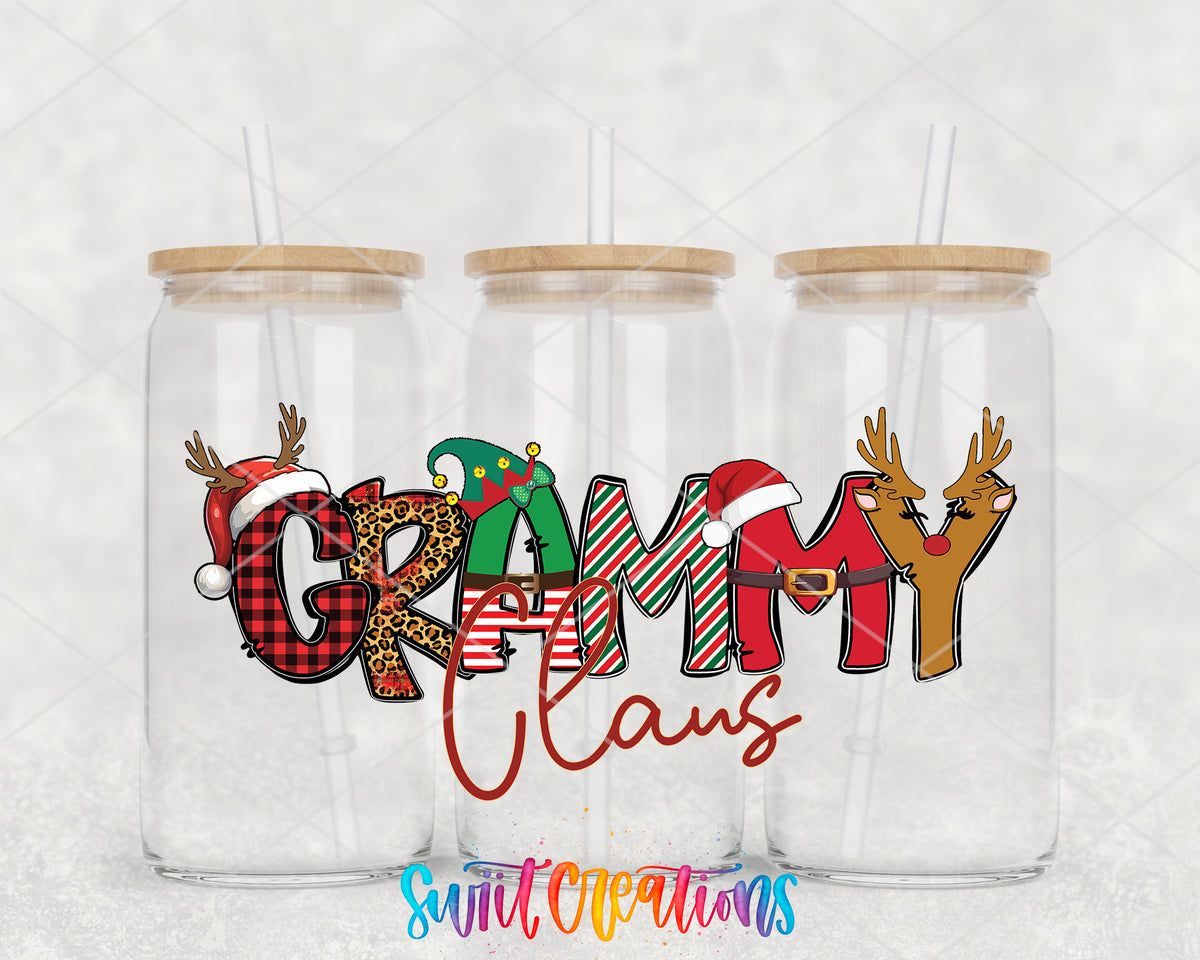 Grammy Claus clear glass tumbler group mockup with bamboo lids and straws