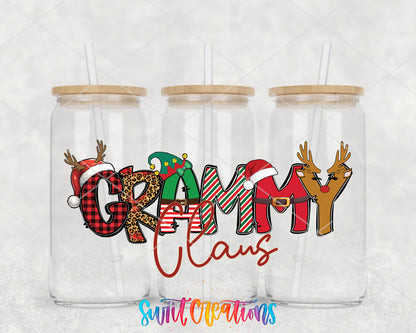 Grammy Claus clear glass tumbler group mockup with bamboo lids and straws