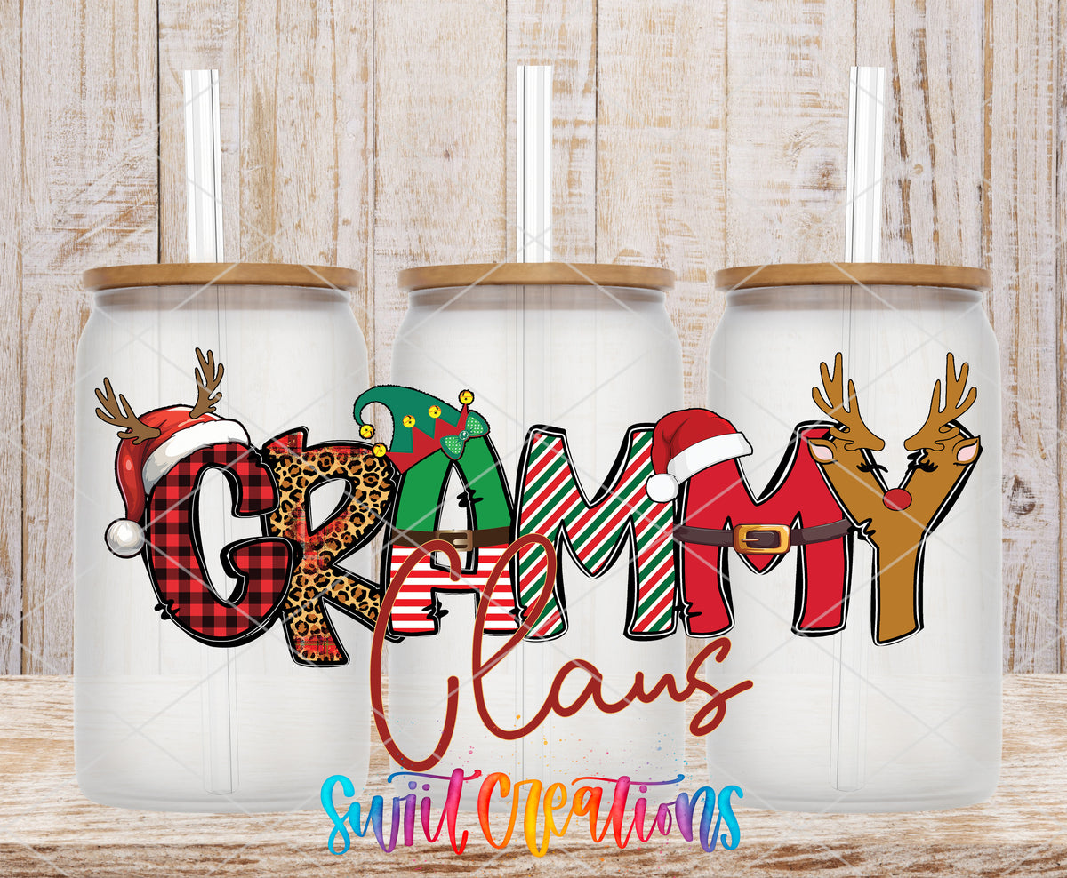Grammy Claus frosted glass tumbler mockup with bamboo lids and straws