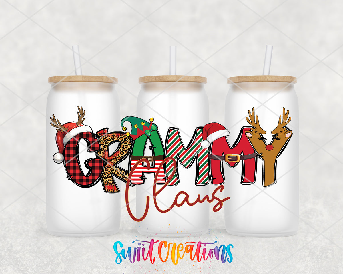 Grammy Claus frosted glass tumbler group view with lids and straws