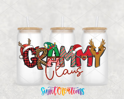 Grammy Claus frosted glass tumbler group view with lids and straws