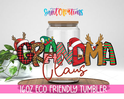 Grandma Claus design on a 16 oz clear glass tumbler with bamboo lid