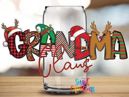 Grandma Claus design close-up on a clear glass can tumbler