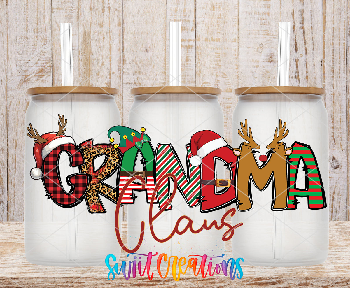 Grandma Claus frosted glass tumbler mockup with bamboo lids and straws