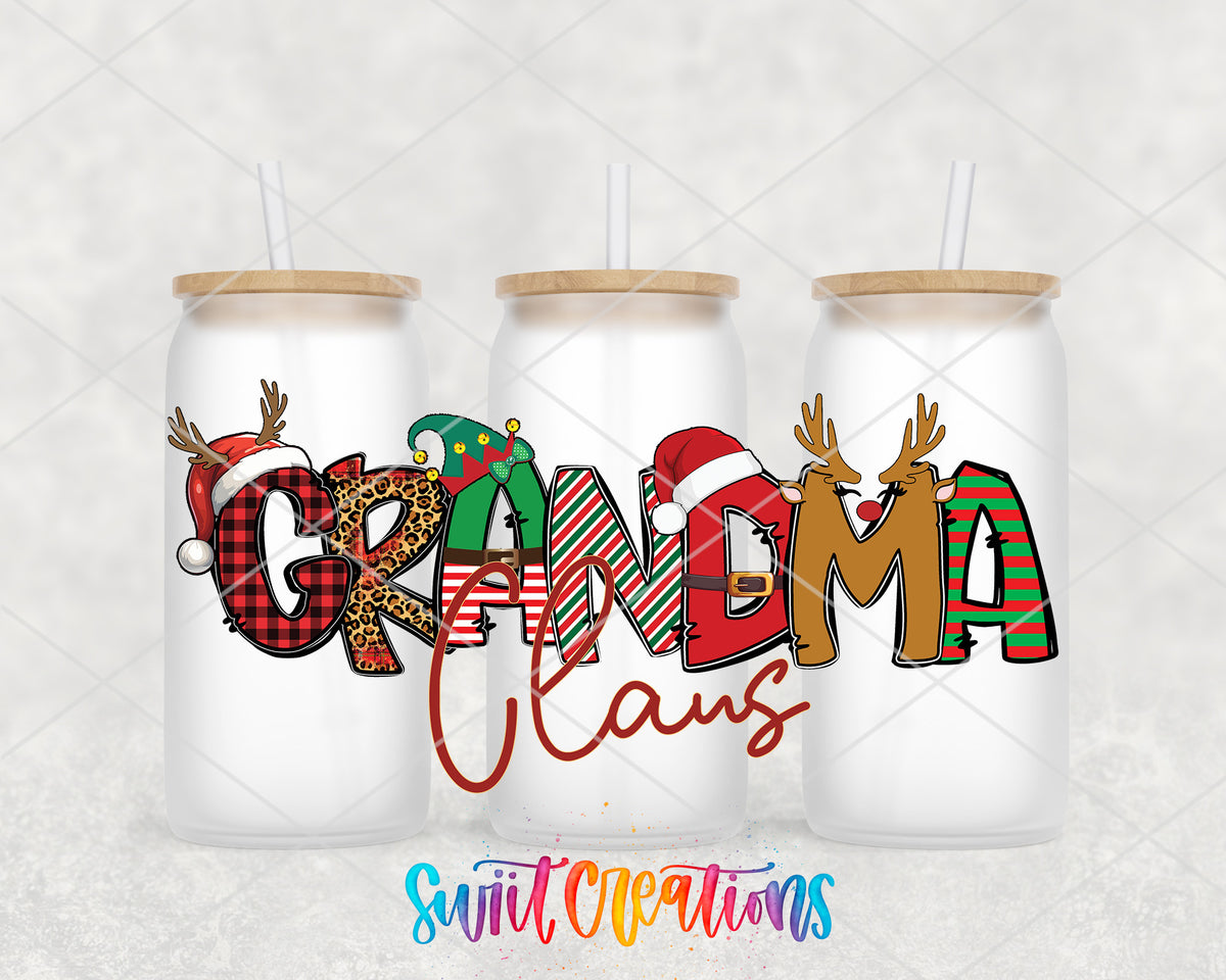 Grandma Claus frosted glass tumbler group view with lids and straws