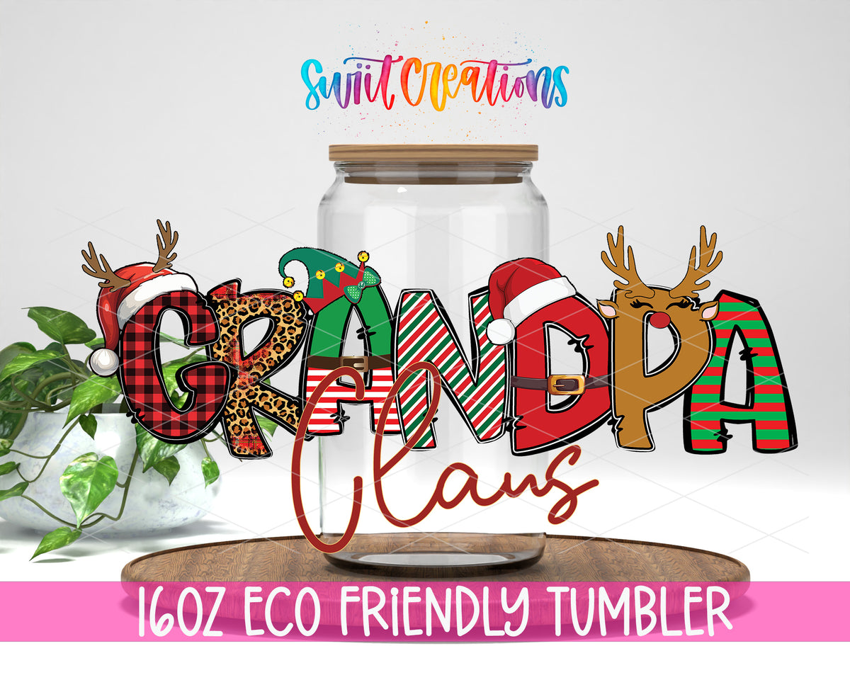 Grandpa Claus design on a 16 oz clear glass tumbler with bamboo lid