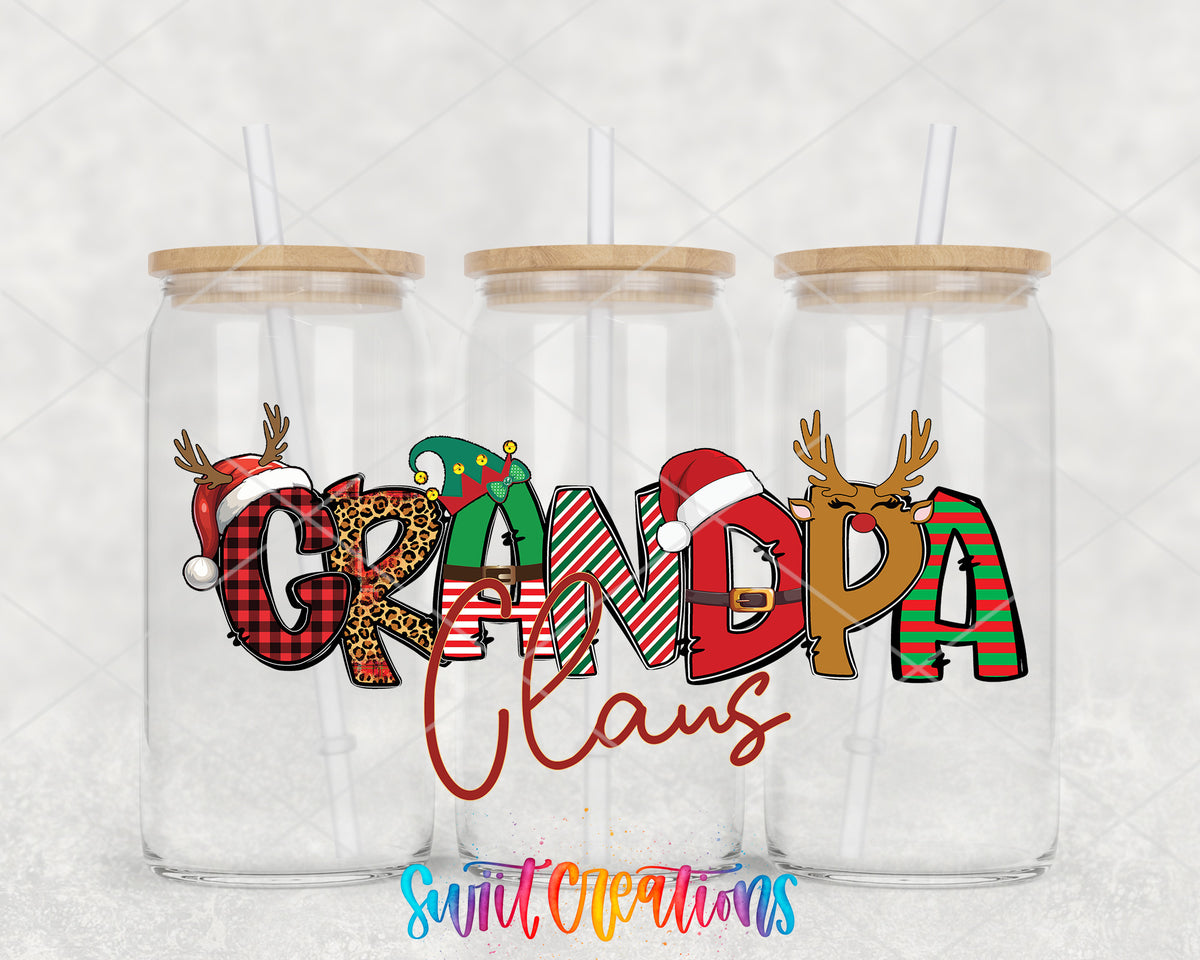Grandpa Claus clear glass tumbler group mockup with bamboo lids and straws