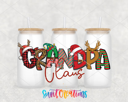 Grandpa Claus frosted glass tumbler group view with lids and straws