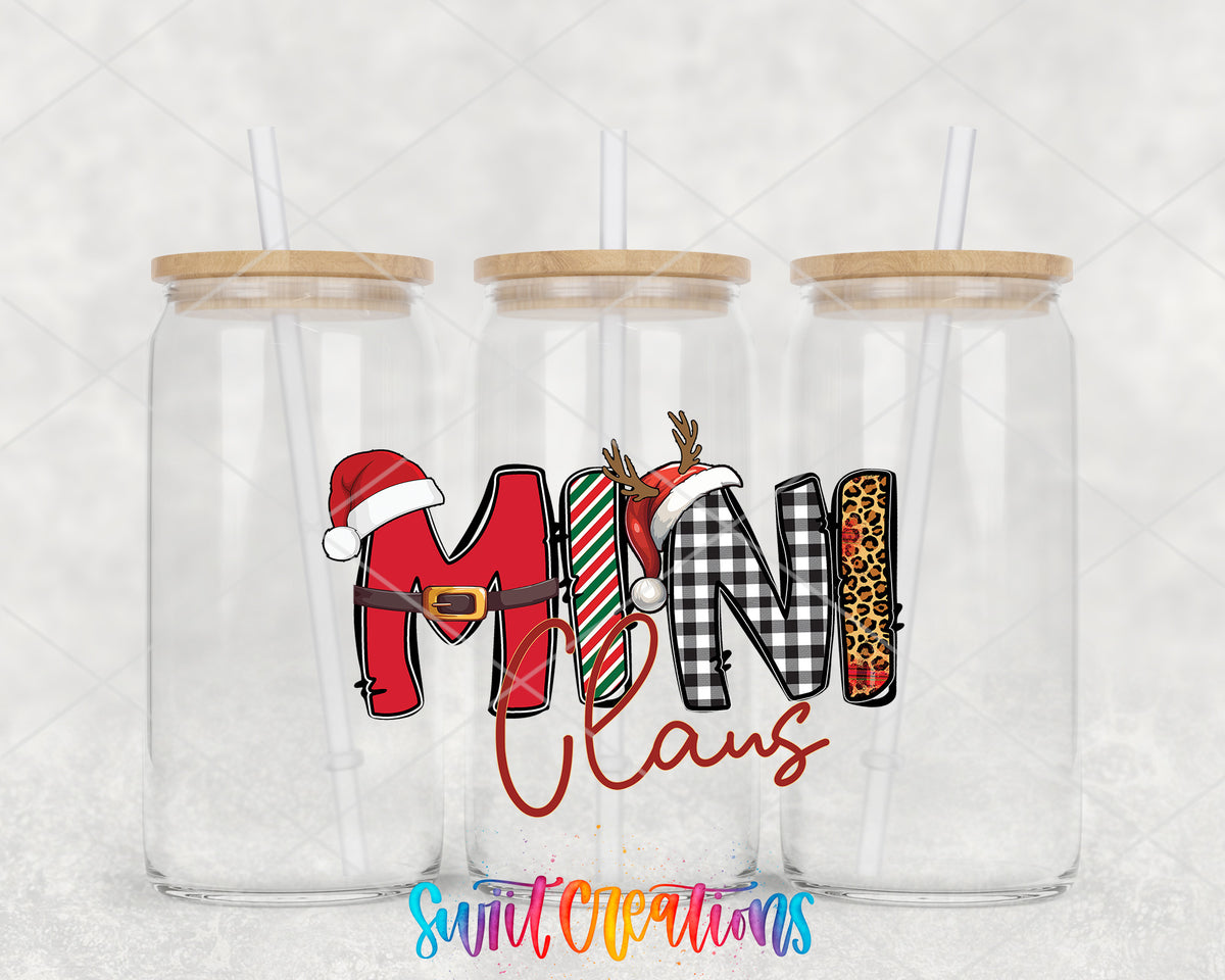 Mini Claus clear glass tumbler group mockup with bamboo lids and straws