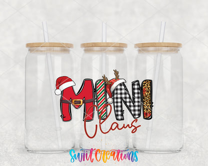 Mini Claus clear glass tumbler group mockup with bamboo lids and straws