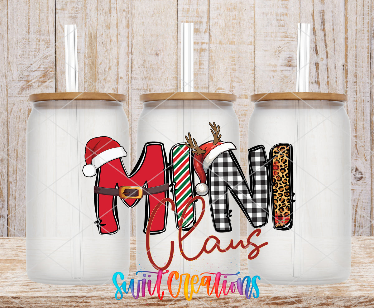 Mini Claus frosted glass tumbler mockup with bamboo lids and straws