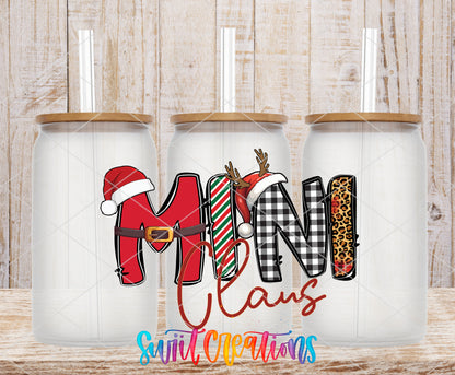 Mini Claus frosted glass tumbler mockup with bamboo lids and straws