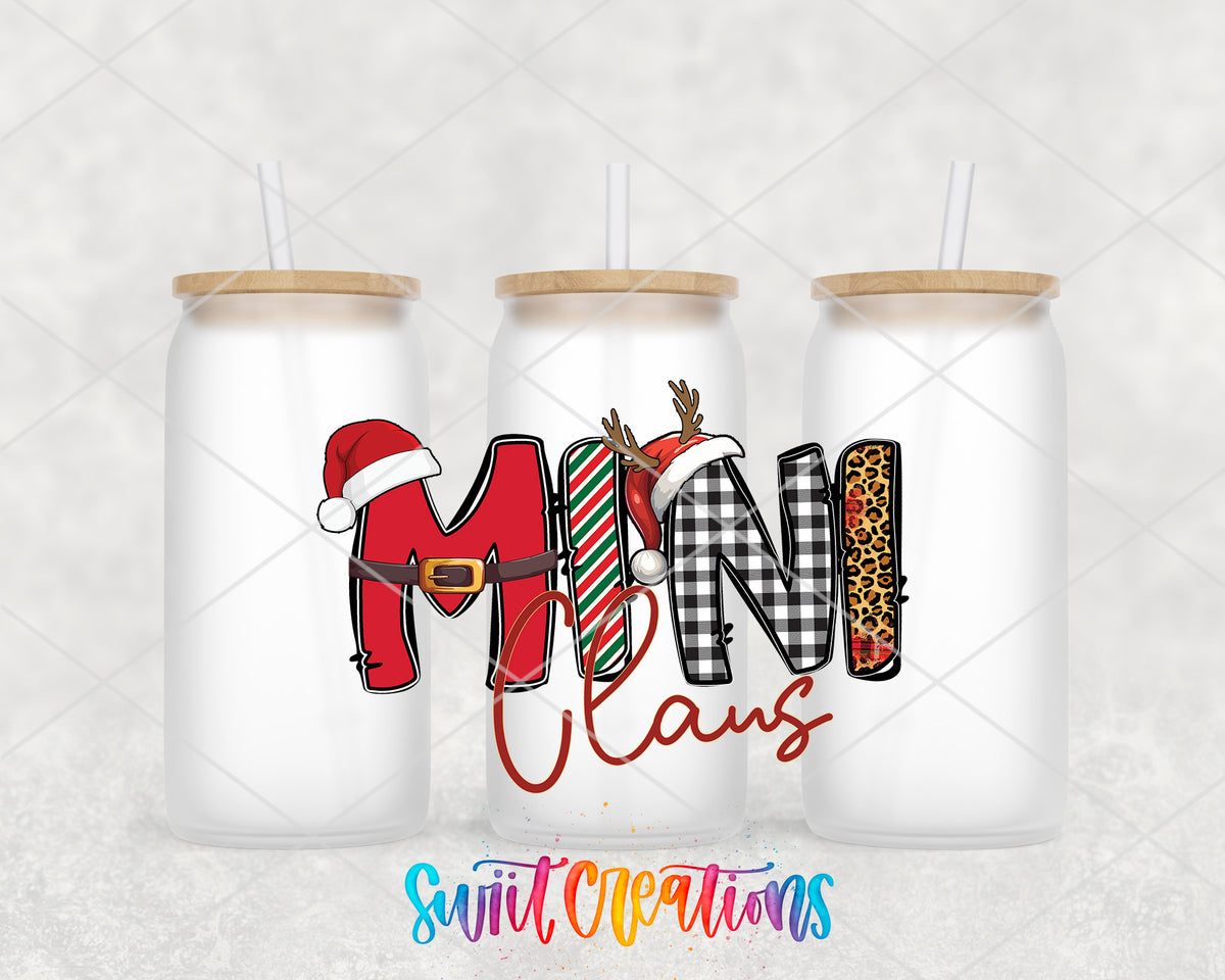 Mini Claus frosted glass tumbler group view with lids and straws