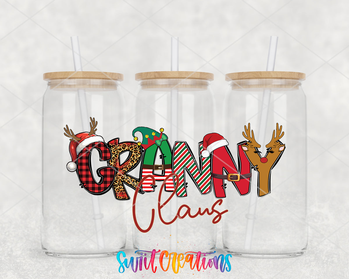 Granny Claus clear glass tumbler group mockup with bamboo lids and straws