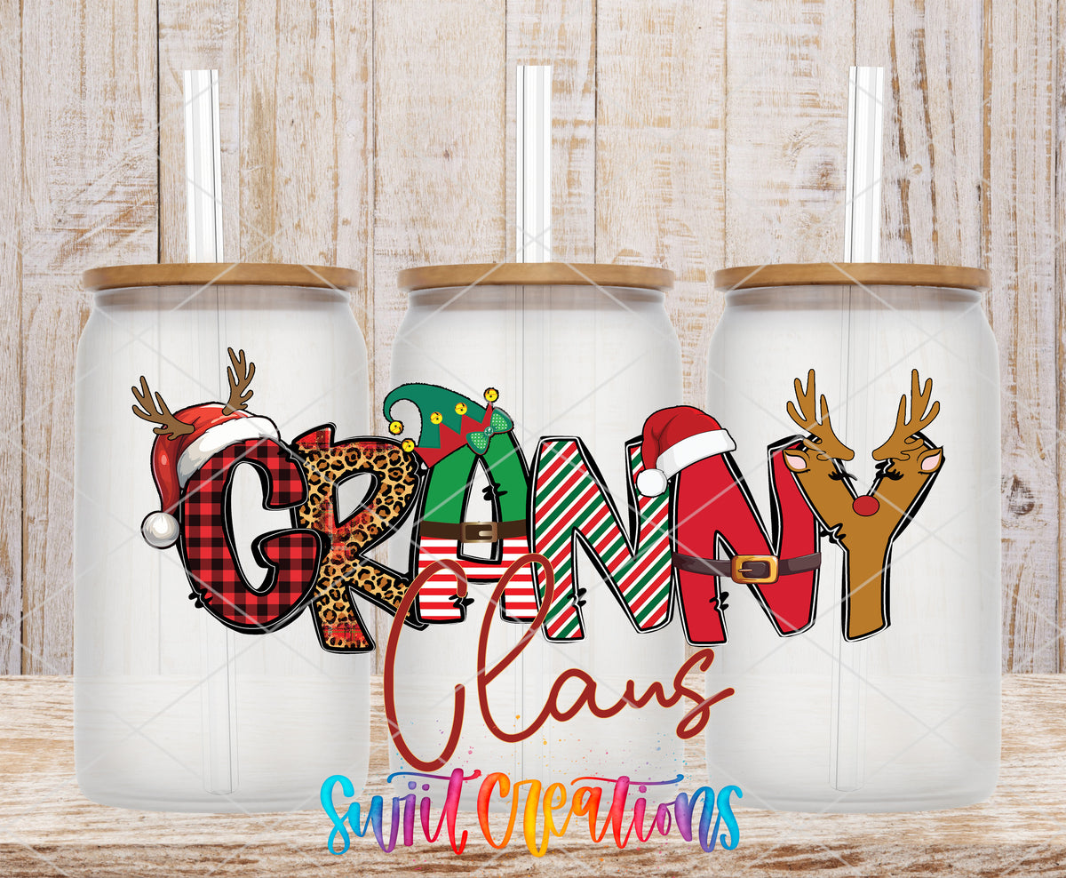 Granny Claus frosted glass tumbler mockup with bamboo lids and straws