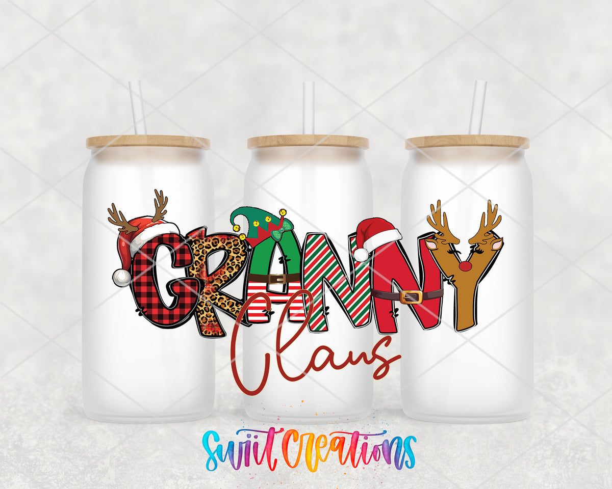 Granny Claus frosted glass tumbler group view with lids and straws