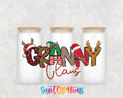 Granny Claus frosted glass tumbler group view with lids and straws