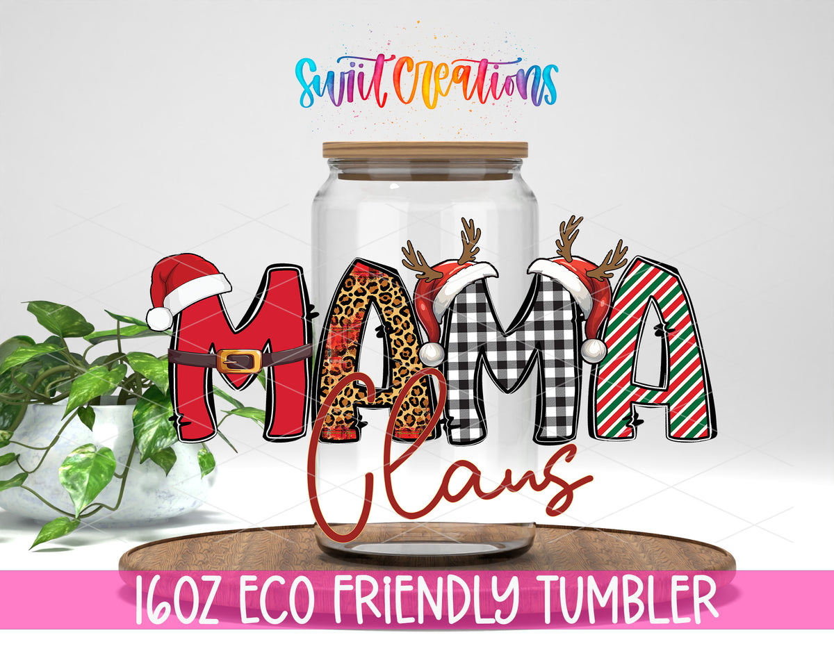 Mama Claus design on a 16 oz clear glass tumbler with bamboo lid