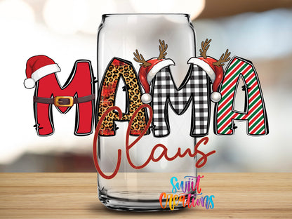 Mama Claus design close-up on a clear glass can tumbler