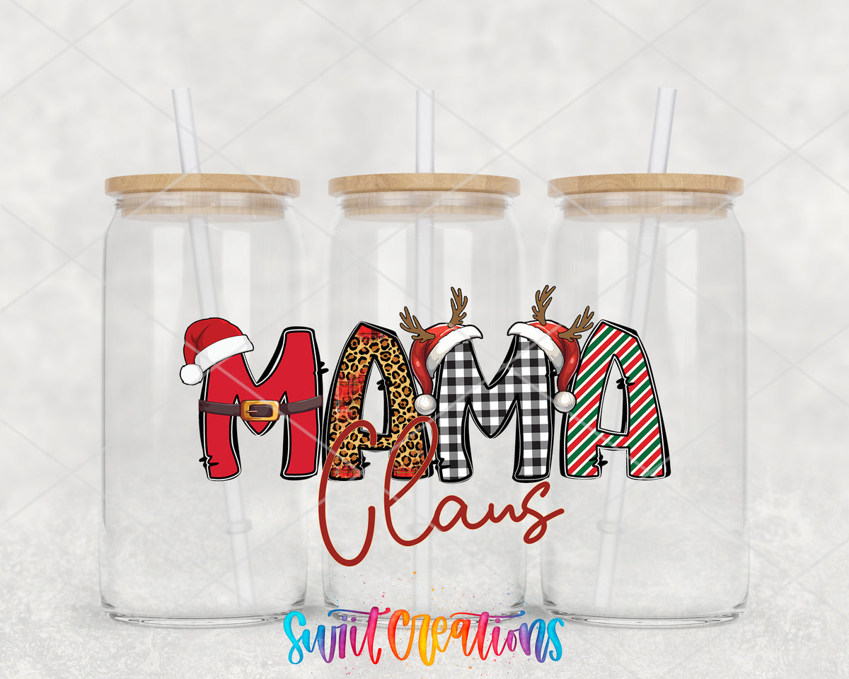 Mama Claus clear glass tumbler group mockup with bamboo lids and straws