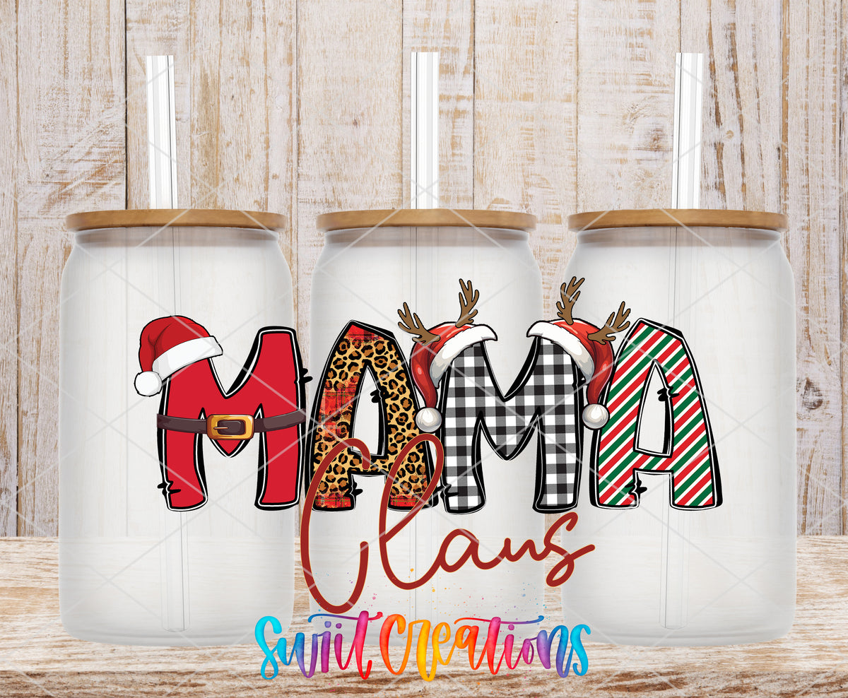 Mama Claus frosted glass tumbler mockup with bamboo lids and straws
