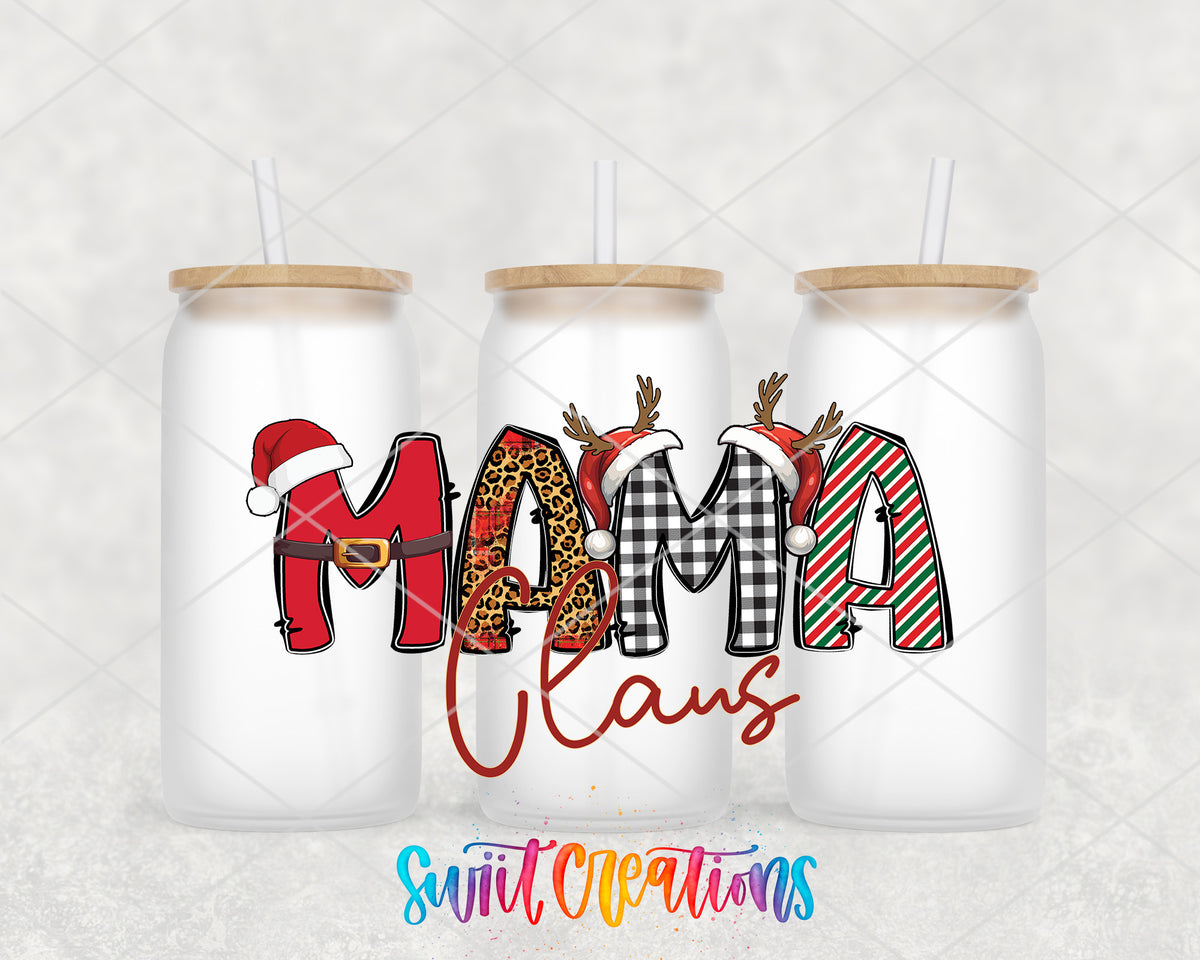 Mama Claus frosted glass tumbler group view with lids and straws